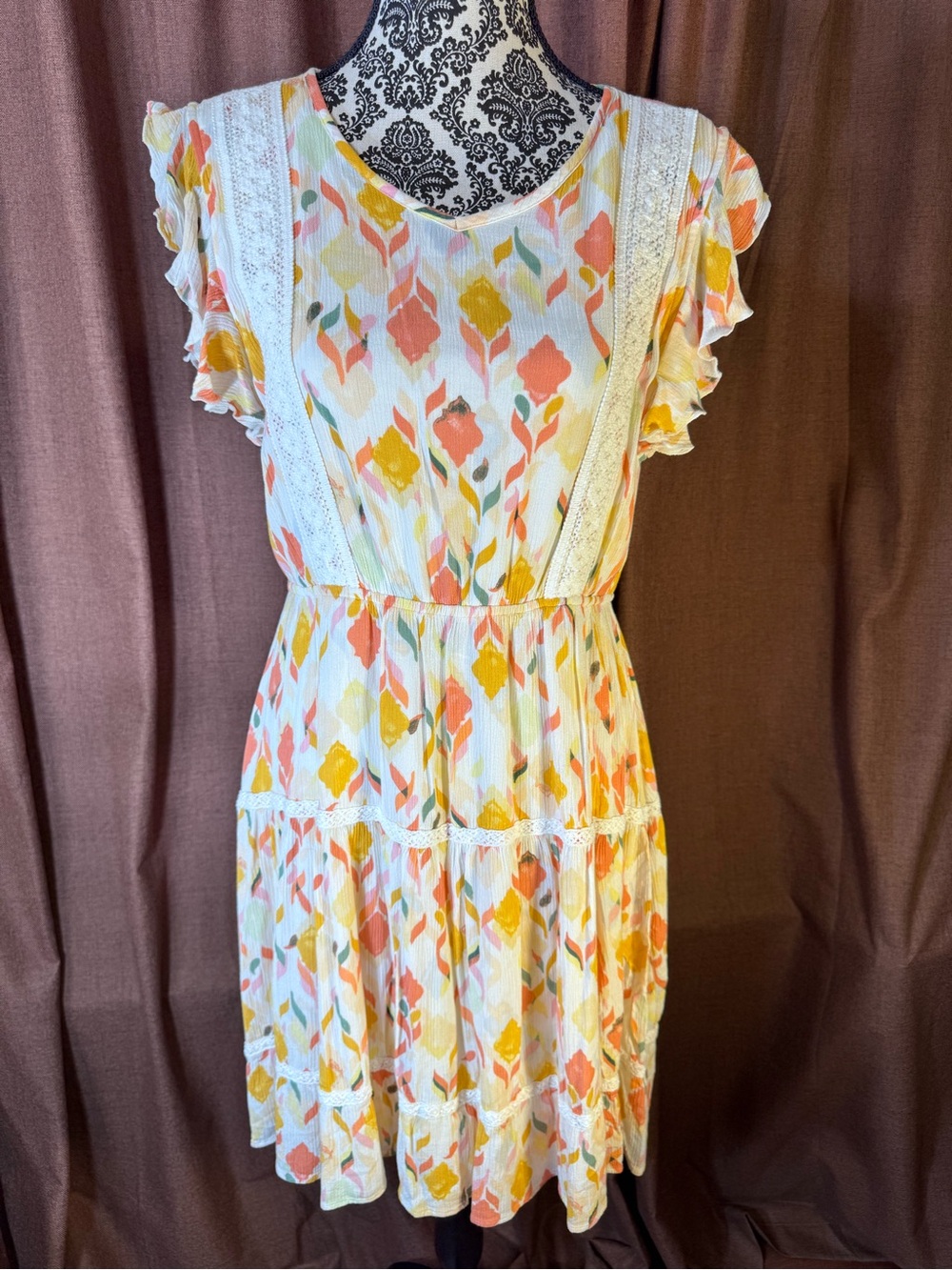 Lauren Conrad Yellow Floral Dress w/ Crochet Details and Ruffle Sleeves size M